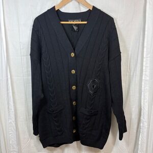 Escada 100% New Wool Long Black Cardigan w/ Medallion Size 42/XL